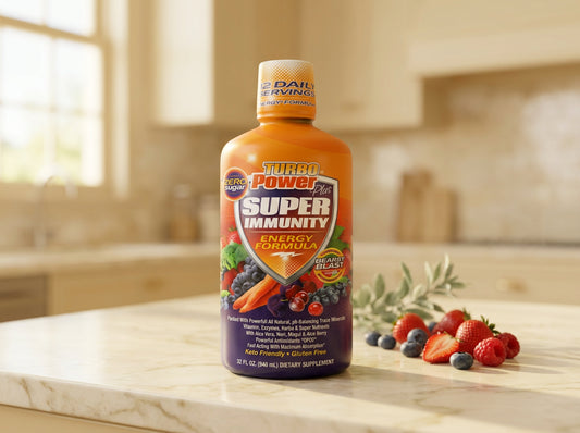 TURBO Power Plus Super Immunity 32 oz Home bottle on marble kitchen countertop with berries
