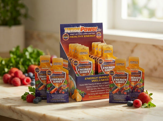 TurboPower Plus 18-pack Healthy Energy Shot carton with 1 oz foil packets on marble countertop